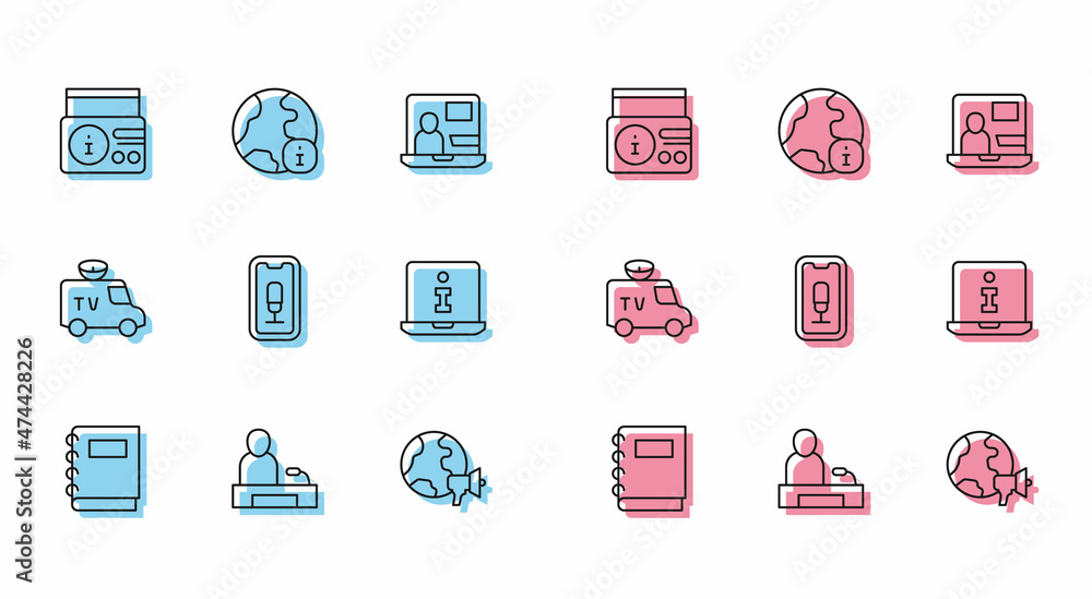 Set line Notebook, Television report, News radio channel, World news, Mobile recording, Information, TV car and icon. Vector Set line Notebook, Television report, News radio channel, World news, Mobile recording, Information, TV car and icon. Vector