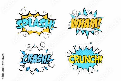 Splash Wham comic burst with white, blue, and yellow colors. Crash Crunch comic explosion with yellow, white, and blue colors. Text bubbles for cartoon speeches. Comic blast with colorful clouds.
