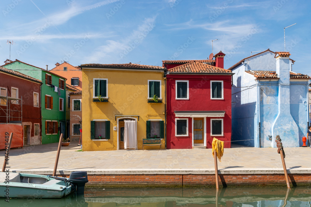 Burano island. Paint building house in travel Europe Venezia city. Venice Italy color street. Famous travel destination. Summer landscape.
