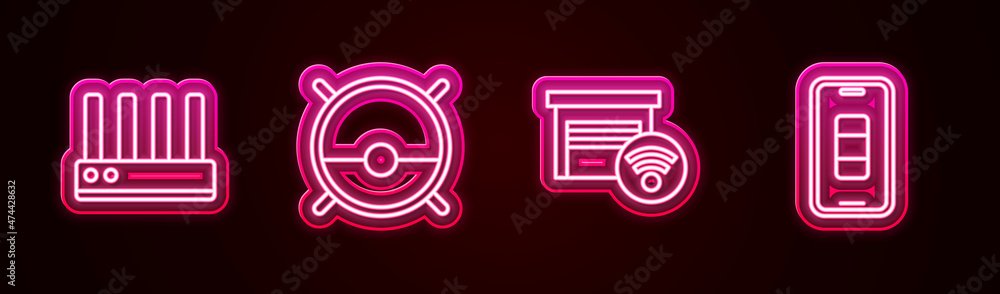 Set line Router and wi-fi signal, Robot vacuum cleaner, Smart garage and Smartphone battery charge. Glowing neon icon. Vector Set line Router and wi-fi signal, Robot vacuum cleaner, Smart garage and Smartphone battery charge. Glowing neon icon. Vector