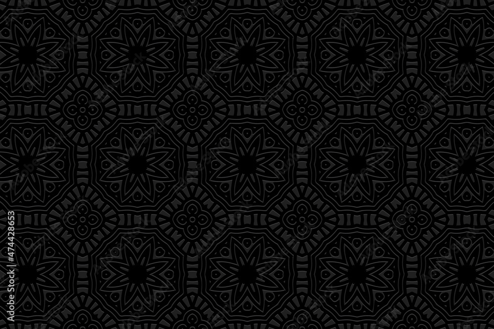 Embossed floral black background design. Modern geometric ethnic 3D pattern. Motives of the peoples of the East, Asia, India, Mexico, Aztec. Embossed floral black background design. Modern geometric ethnic 3D pattern. Motives of the peoples of the East, Asia, India, Mexico, Aztec.