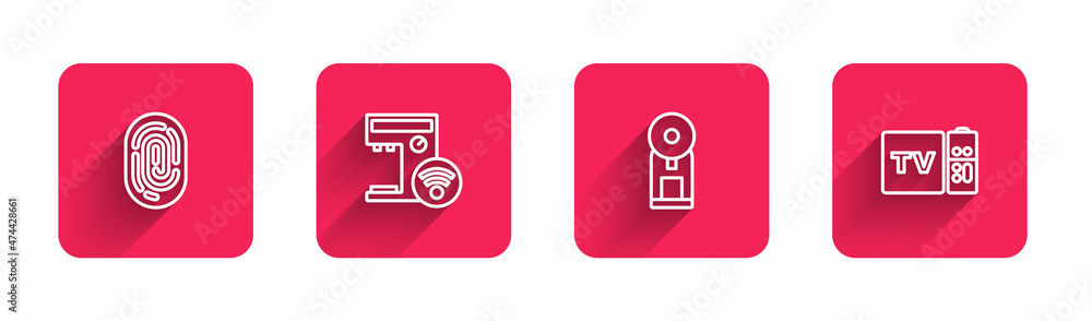 Set line Fingerprint, Smart coffee machine, and Multimedia and TV box receiver with long shadow. Red square button. Vector Set line Fingerprint, Smart coffee machine, and Multimedia and TV box receiver with long shadow. Red square button. Vector