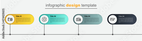 Set line Photo retouching, camera, Camera shutter and . Business infographic template. Vector