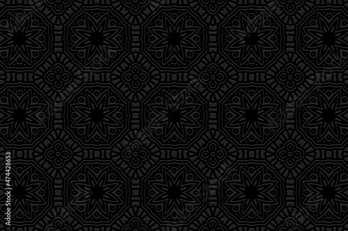 Embossed floral black background design. Modern geometric ethnic 3D pattern. Motives of the peoples of the East, Asia, India, Mexico, Aztec. 