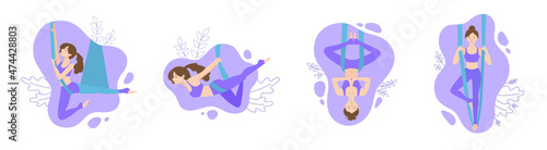 Aero yoga, fly yoga, inverted yoga pose in hammocks, Aerial Yoga. Happy young girl hanging upside down in a hammock with her hands folded in namaste. Set of icons for social networks and websites