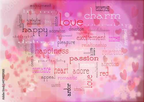 Pink Valentine's WordCloud. All words related to love and relationships, like heart, love, excitement, passion,  relationship, romance in the form of a heart