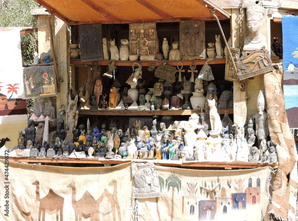 An Egyptian souvenir stand with all kinds of stone statuettes for the tourists.