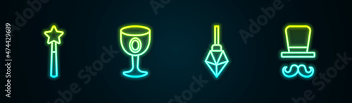 Set line Magic wand, Medieval goblet, stone and Magician. Glowing neon icon. Vector