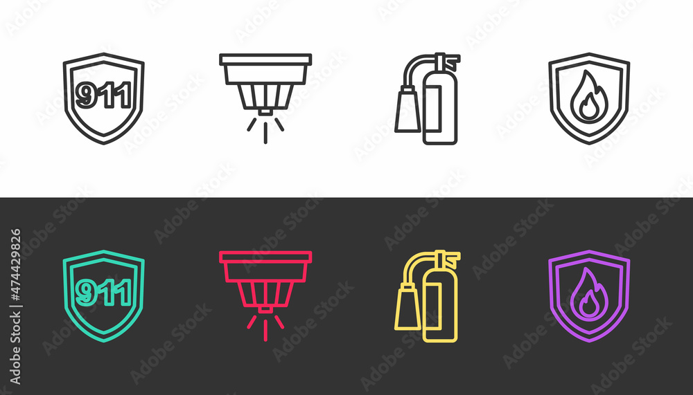 Set line Emergency call 911, Smoke alarm system, Fire extinguisher and protection shield on black and white. Vector Set line Emergency call 911, Smoke alarm system, Fire extinguisher and protection shield on black and white. Vector