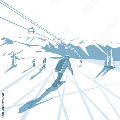 Snowboarders descend from the mountain. Winter landscape.