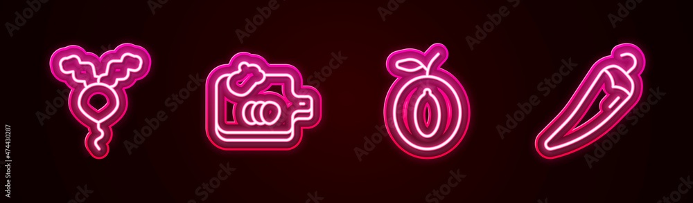 Set line Radish, Cutting board with vegetables, Plum fruit and Hot chili pepper. Glowing neon icon. Vector Set line Radish, Cutting board with vegetables, Plum fruit and Hot chili pepper. Glowing neon icon. Vector