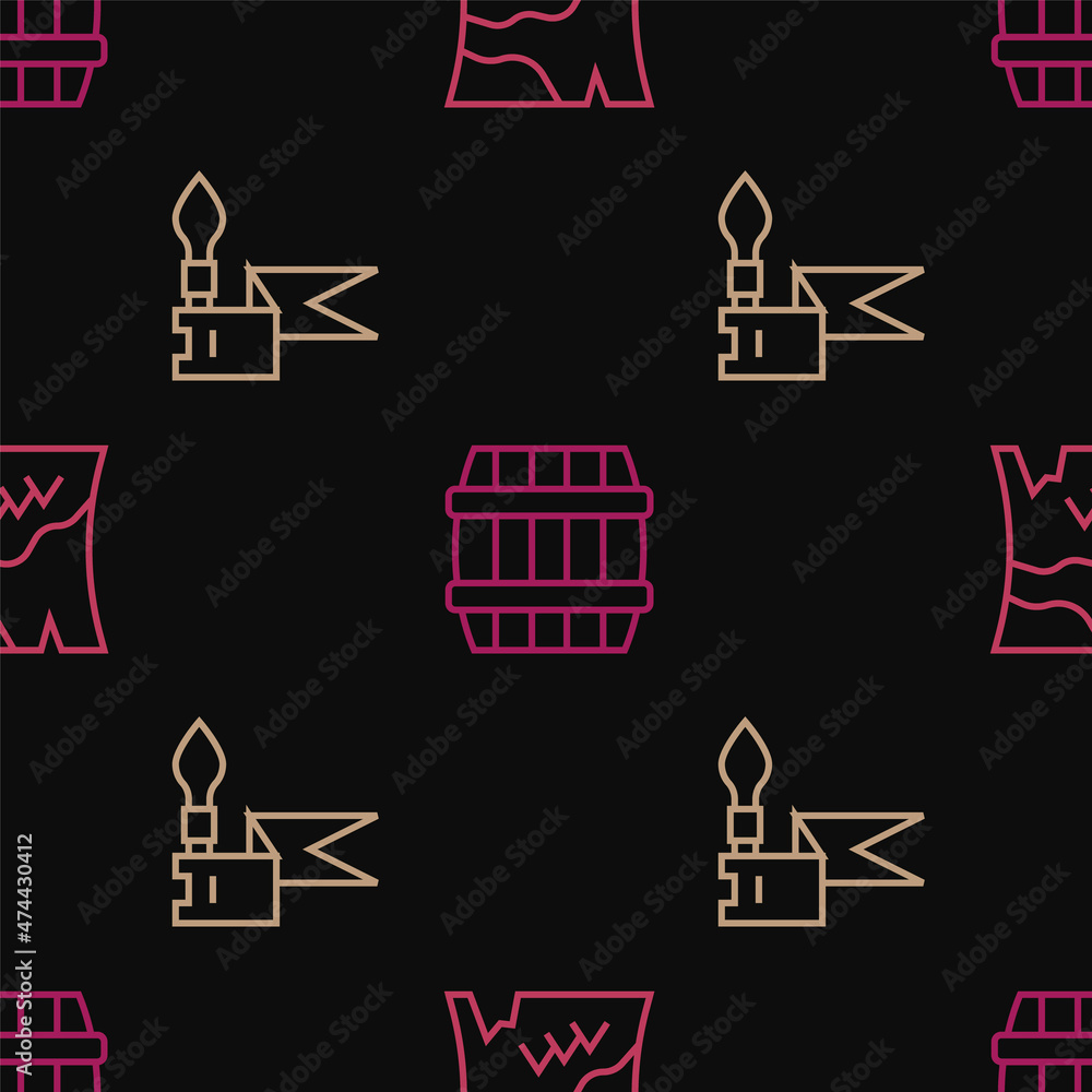 Set line Folded map, Medieval spear and Wooden barrel on seamless pattern. Vector