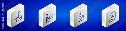Set Isometric line Ancient viking boots, Medieval spear, Whiskey bottle and Magic rune icon. Vector