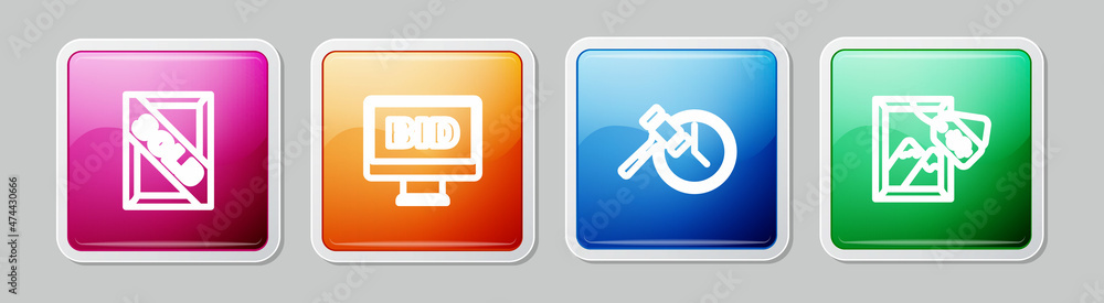 Set line Auction painting sold, Online auction, hammer and . Colorful square button. Vector Set line Auction painting sold, Online auction, hammer and . Colorful square button. Vector