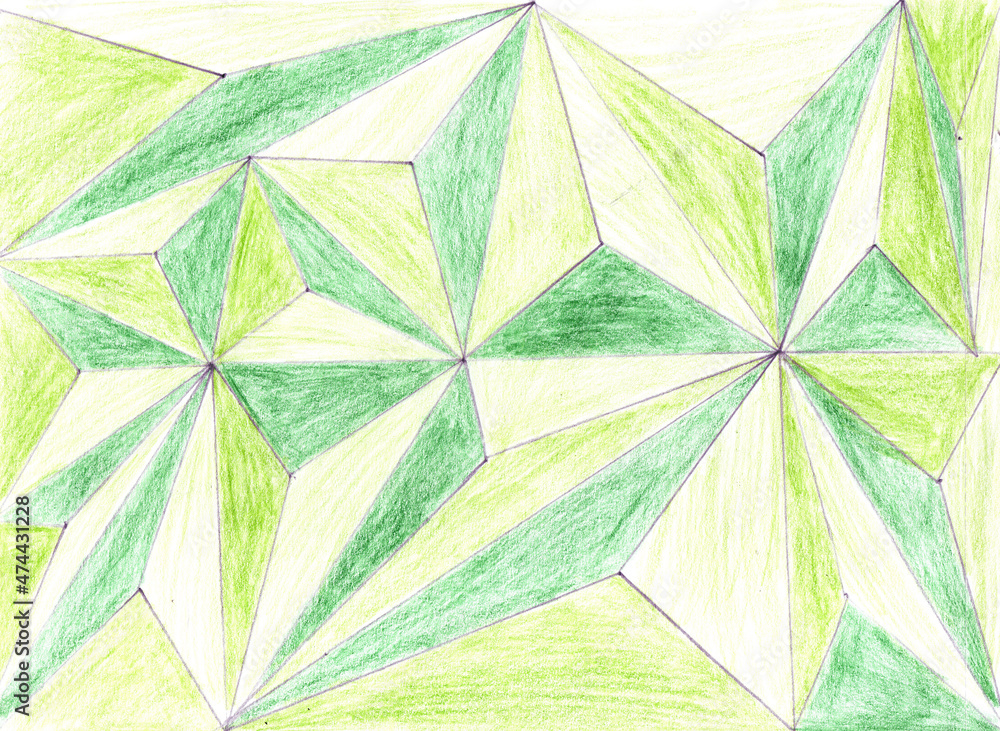 Children's abstract drawing drawn in pencil from geometric figures of green and light green color
