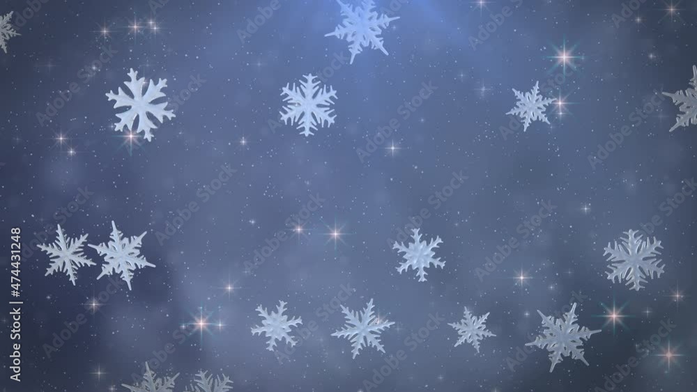 This stock motion graphics video shows shiny snowflakes falling with glittering particles in a seamless loop. This stock motion graphics video shows shiny snowflakes falling with glittering particles in a seamless loop.
