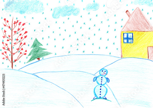 Winter landscape in village. Childish artwork about winter. New Year holidays