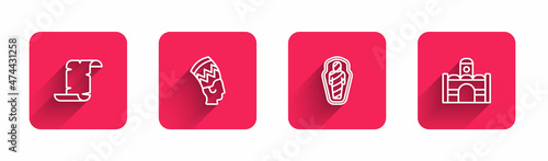 Set line Papyrus scroll, Nefertiti, Egypt mummy in sarcophagus and Egyptian house with long shadow. Red square button. Vector