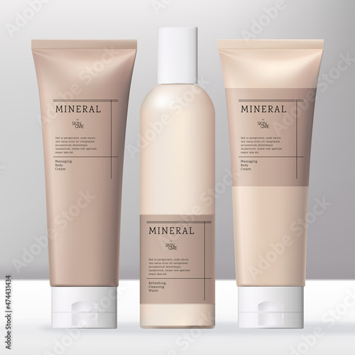 Vector Beauty or Skincare Transparent Cream, Shampoo, Gel or Cream Bottle and Tube Bundle with Beige Caps.	