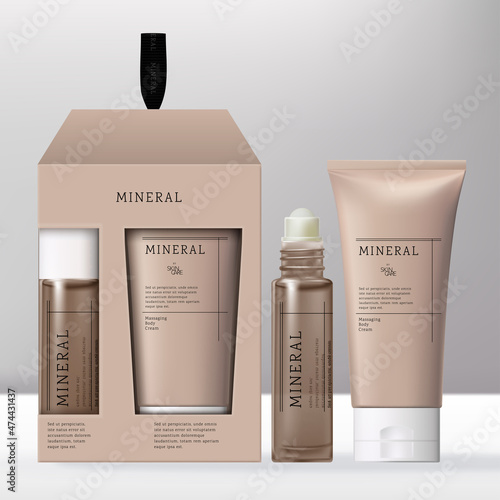 Vector Beauty or Skincare Hand Cream and Roll on Fragrance Oil in Gift Set Packaging Box with White Caps.	
