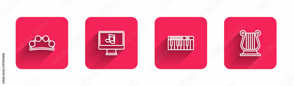 Set line Tambourine, Computer with music note, Music synthesizer and Ancient Greek lyre with long shadow. Red square button. Vector Set line Tambourine, Computer with music note, Music synthesizer and Ancient Greek lyre with long shadow. Red square button. Vector