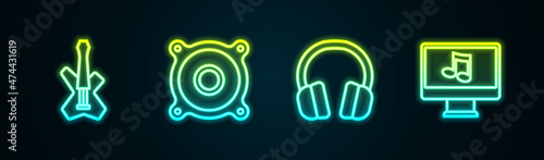 Set line Electric bass guitar, Stereo speaker, Headphones and Computer with music note. Glowing neon icon. Vector