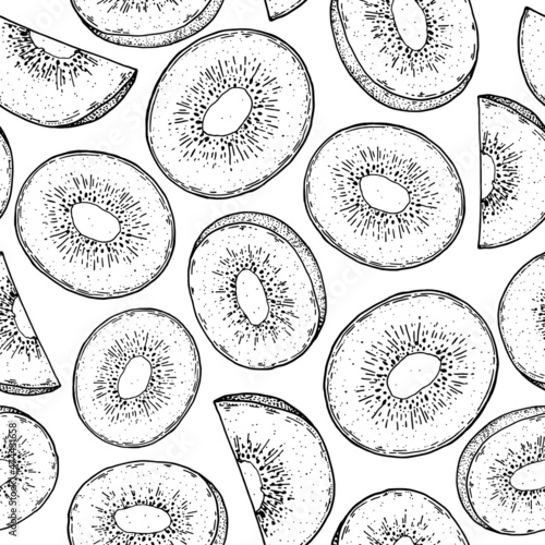 Seamless pattern with kiwi fruit sketch. Hand drawn vector illustration. Design, package, brochure illustration. Hand drawn kiwi fruits design template. Organic fresh food vector illustration.