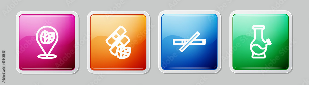 Set line Tobacco leaf, Medical nicotine patches, No smoking and Bong. Colorful square button. Vector