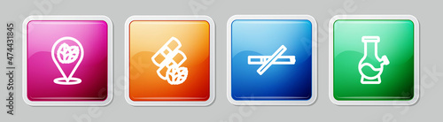 Set line Tobacco leaf, Medical nicotine patches, No smoking and Bong. Colorful square button. Vector