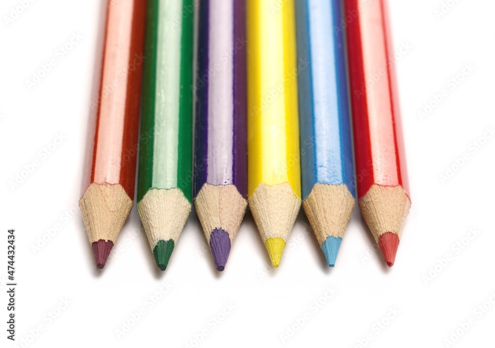 Colorful pencils set arrangement, row isolated on white, top view Colorful pencils set arrangement, row isolated on white, top view