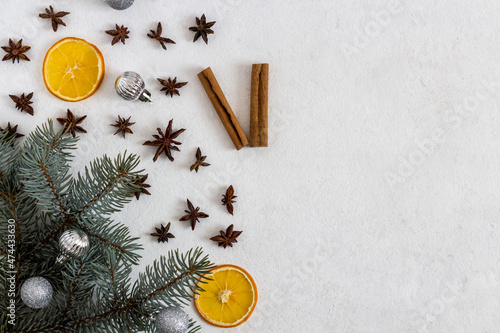 Merry Christmas and Happy Holidays greeting card, frame, banner on a light background from above. New Year. Flat lay. photo