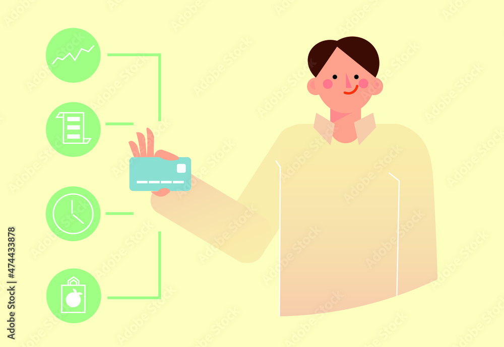 Vector illustration of a young smiling flat male character holding a credit card with diagram of available banking services. Student loans, deposit programs. Minimalist simple modern illustration Vector illustration of a young smiling flat male character holding a credit card with diagram of available banking services. Student loans, deposit programs. Minimalist simple modern illustration