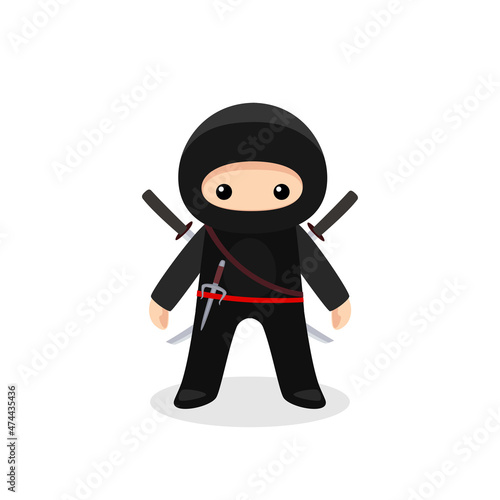 Standing cute ninja isolated with sai and katana on white background