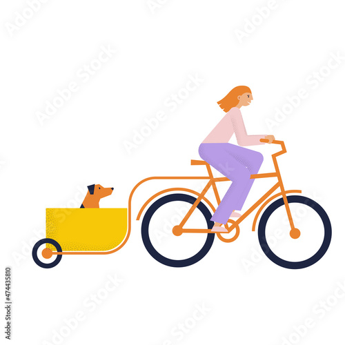 Woman riding cargo bike with cart. Girl carries her dog on bicycle. Flat vector illustration