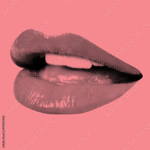 Vector shape illustration of woman lips with open mouth and visible teeth in black halftone effect made from small dots on pink background