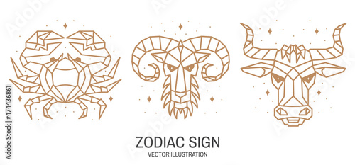 Set of zodiac astrology horoscope sign aries, taurus, cancer linear design. Vector illustration. Elegant line art symbol or icon of aries, taurus, cancer esoteric zodiacal horoscope templates for logo
