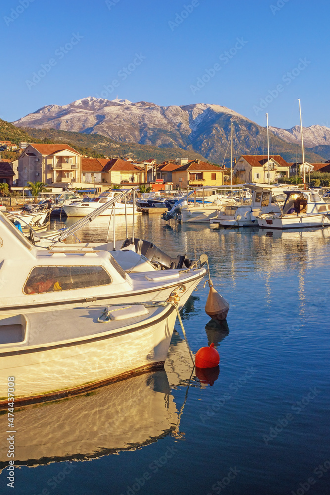 Winter Mediterranean landscape.Montenegro. View of Tivat city and   Marina Kalimanj for fishing boats and yachts. Snow-capped Lovcen mountain in distance