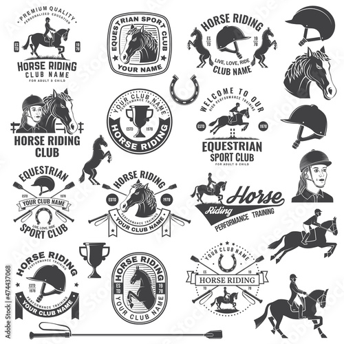 Set of Horse riding sport club badges, patches, emblem, logo. Vector illustration. Vintage monochrome equestrian label with rider, helmet and horse silhouettes. Horseback riding sport. Concept for