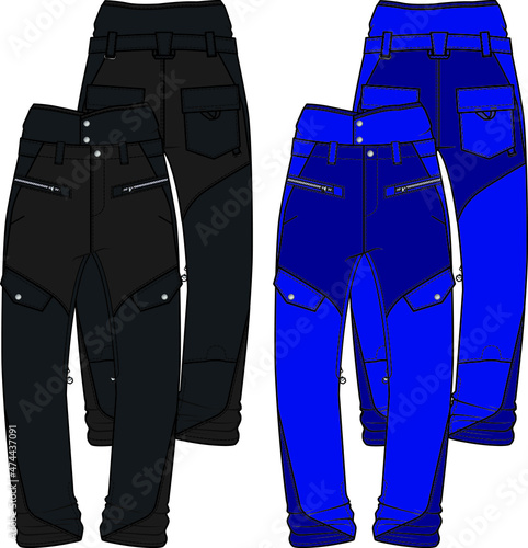Vector flat sketch 2 tone color trousers design with cargo pockets for girls.
