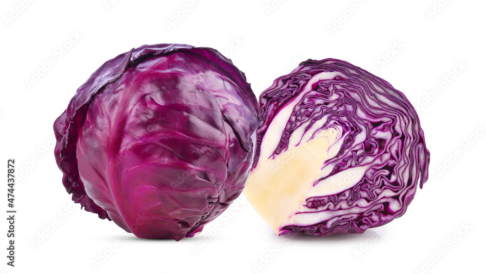 Whole and half red cabbage isolated on white background Whole and half red cabbage isolated on white background
