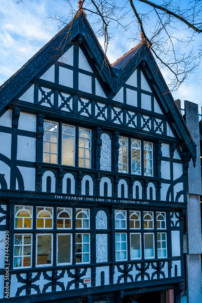 Traditional  black-and-white timber framed Tudor style buildings in Chester, UK