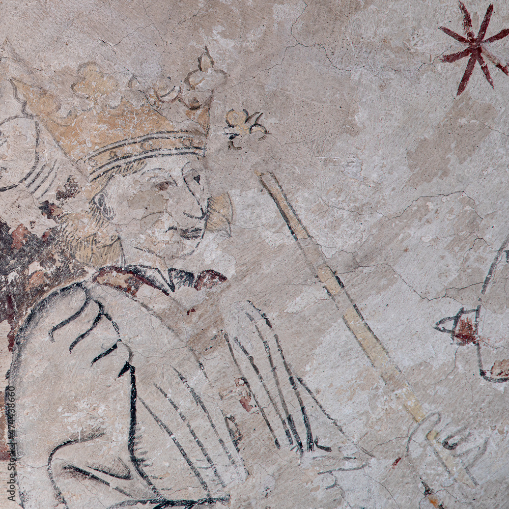 King Solomon sitting on his throne with a scepter in his hand, a gothic fresco from 1476