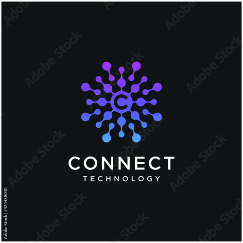 letter C logo design icon network technology, concept point circle. 