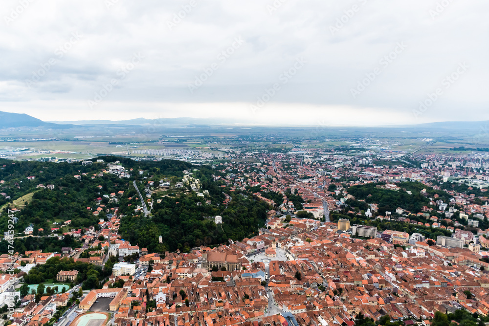 Aerial view of Brasov town from Tampa mountain. Romania.