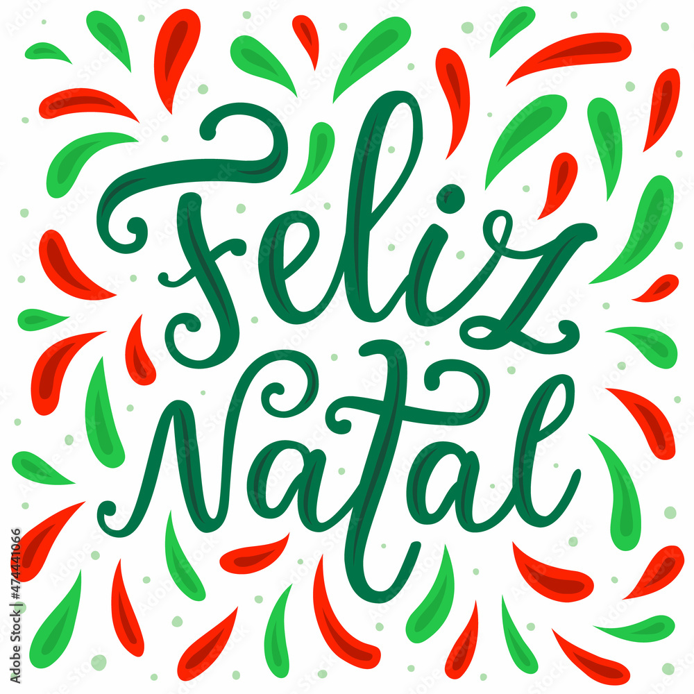 Merry Christmas hand drawn lettering phrase in Portuguese language on the green red ornate colorful background. Greeting card design EPS 10 vector illustration Merry Christmas hand drawn lettering phrase in Portuguese language on the green red ornate colorful background. Greeting card design EPS 10 vector illustration