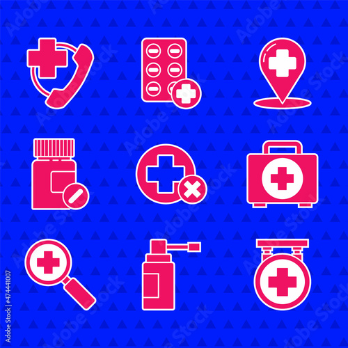 Set Cross hospital medical, Hospital signboard, First aid kit, Magnifying glass for search, Medicine and pills, Map pointer cross and Emergency phone call to icon. Vector
