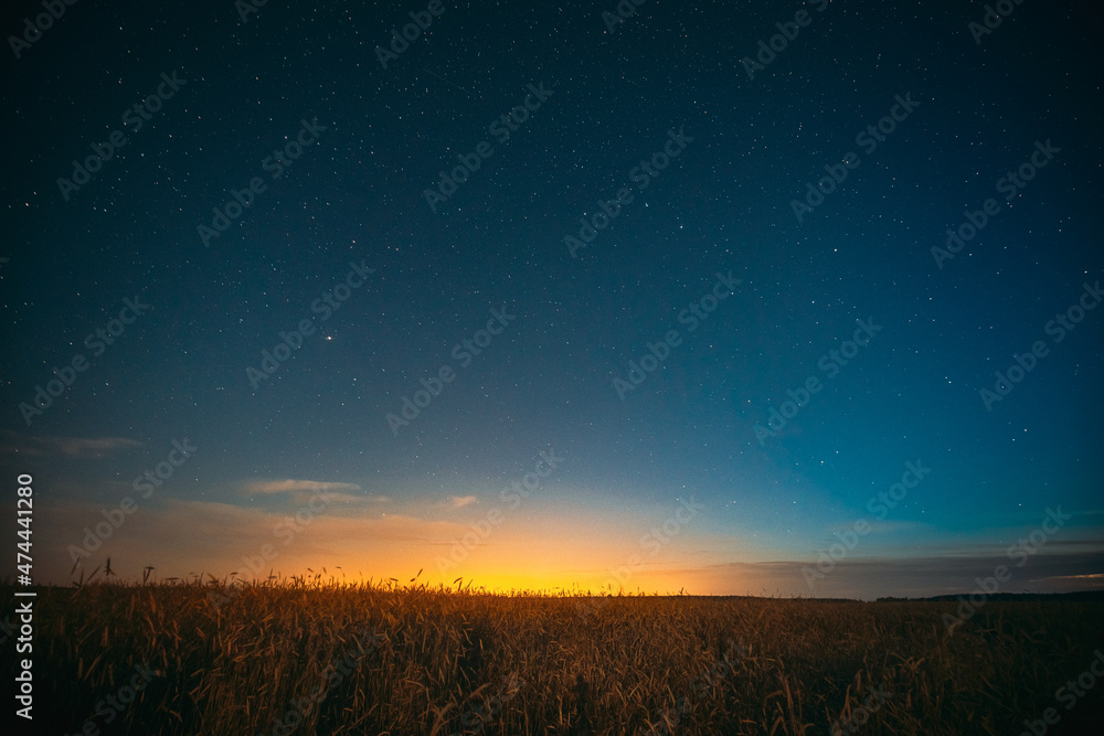 Night Starry Sky With Glowing Stars Above Countryside Landscape. Light Cloudiness Overcast Above Rural Field Meadow In Summer