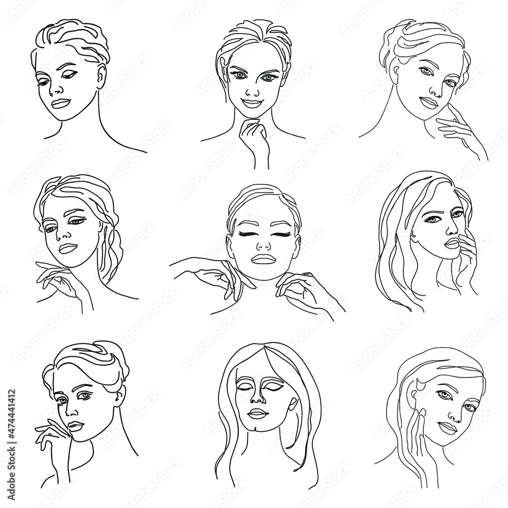 Collection. Silhouettes of a girl's head in a modern one line style. Continuous line drawing, aesthetic outline for home decor, posters, wall art, stickers, logo. Vector illustration set. Collection. Silhouettes of a girl's head in a modern one line style. Continuous line drawing, aesthetic outline for home decor, posters, wall art, stickers, logo. Vector illustration set.