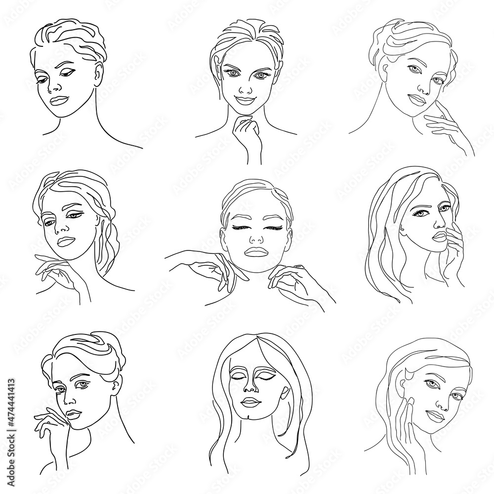 Collection. Silhouettes of a girl's head in a modern one line style. Continuous line drawing, aesthetic outline for home decor, posters, wall art, stickers, logo. Vector illustration set. Collection. Silhouettes of a girl's head in a modern one line style. Continuous line drawing, aesthetic outline for home decor, posters, wall art, stickers, logo. Vector illustration set.