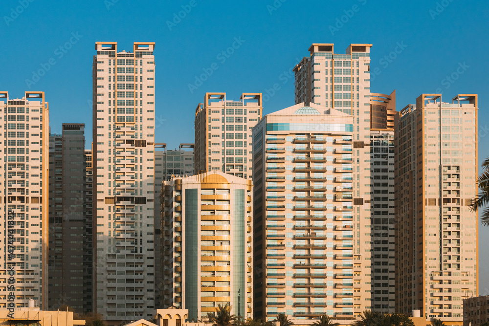 New Residential Multi-storey Houses On Blue Sky. Real Estate, Development Industry. UAE